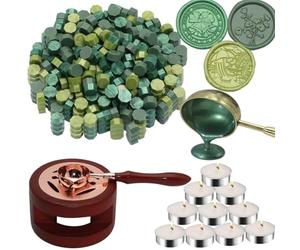 Kit di 300 perline di ceralacca verdi assortite, con scalda legno, cucchiaio e 10 mini candele per sigilli, inviti di nozze, buste, biglietti, decorazioni per confezioni regalo (verde)