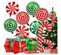 Kit di 32 palloncini natalizi in Mylar a forma di bastoncino di zucchero, con nastri, palloncini rossi e verdi per decorazioni per feste e compleanni