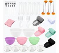 Kit di 47 accessori per estetista per il viso: 5 ciotole in silicone e 5 maschere in plastica, 5 fasce per capelli, 10 spazzole, 10 spatole, 10 spugne compresse, 2 misurini per spa professionale e
