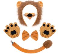 Kit di 6 accessori per costume da leone, orecchie da animale, cerchietto per costume da animale, orecchie da leone, fascia in peluche, coda, naso, papillon e guanti, kit per adulti e bambini, per