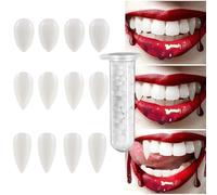 Kit di 6 Paia di Zanne da Vampiro, Denti da Vampiro di Halloween di 3 Dimensioni, Denti da Vampiro Personalizzati, Dentiere Finte con 1 Tubo di Pellet per Denti Adesivo