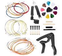 Kit di accessori per chitarra acustica, tra cui corde per chitarra acustica, capotasto per chitarra, strumento di restring 3 in 1, plettri per chitarra, porta plettro, perni per ponte, selle per dadi