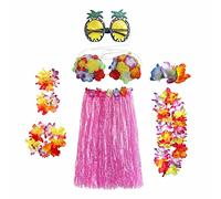 Kit di accessori per costume da Hula Ghirlande hawaiane, gonna con erba Lei, fiore Lei Luau, ghirlanda di ananas, occhiali, collana, costume per donne, gonne Luau, feste, 8 pezzi (rosa)