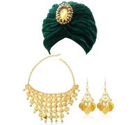 Kit di Accessori per la Danza del Ventre Donna, Turbante Indiano con Gioielli Dorati, Set di Gioielli Tradizionali Indiani, Collana a Monete e Orecchini, Accessori per Carnevale Cosplay Party (Verde)
