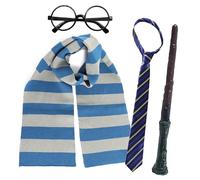 Kit di accessori per travestimento da mago per adulti, sciarpa, cravatta, bacchetta, libro, settimana, scuola, Halloween, blu e grigio