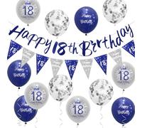 Kit di bandierine per 18° compleanno per ragazzi, blu e argento, con scritta Happy 18th Birthday(lingua italiana non ) Sheinly