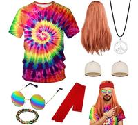Kit di Costume da Hippie, Anni 60s/70s Hippie Parrucca Accessori con Maglietta Tye Dye Occhiali da Sole Fascia Bracciale per Uomini Festa a Tema Carnevale