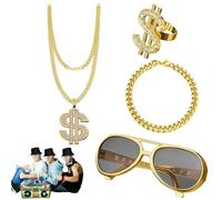 Kit Di Costume Da Rapper - Set Di Abiti Eleganti, Per Abbigliamento Per Feste Hip Hop, Catena E Cappello D'oro | COSTUMENTO ASSTEGGIO retro80S Degli Anni '90 Set Di Abiti Per Uomini E Donne