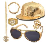 Kit Di Costume Hip Hop, Set Accessori 80s 90s Rapper Costume, 1 Pezzo Collana Dollaro, 2 Pezzi Anelli Dollaro, 1 Pezzo Bracciali, 1 Pezzi Cappello con 1 Coppia di Occhiali da Sole per Uomini