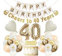 Kit di decorazioni per 40° compleanno da donna, 29 pezzi, oro bianco, con scritta "Cheers to 40 years", striscione pre-incordato, bandierine a coda di pesce, decorazione per torta a forma di cuore