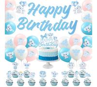 Kit di decorazioni per feste a tema elefanti blu, 32 pezzi, accessori a tema elefanti, decorazione per feste di compleanno per ragazzi e ragazze, striscione blu Happy Birthday, accessori per torte