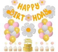 Kit di decorazioni per feste con margherite, banner di buon compleanno, decorazione per torta con fiori a margherita, hippy e bohémien