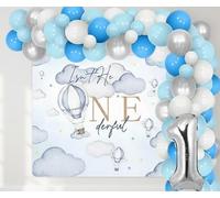 Kit di decorazioni per feste di compleanno con mongolfiera blu set con ghirlanda di palloncini blu con sfondo Isn't He Onederful 3 × 1,5 m sfondo fotografico ragazzi ragazze primo compleanno
