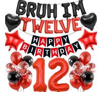 Kit di decorazioni per il 12° compleanno per ragazzi, 27 pezzi rosso e nero Bruh Im Twelve Balloon Banner Happy Birthday Fishtail Flags 12 palloncini a forma di stella e cuore set per decorazioni per