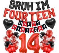 Kit di decorazioni per il 14° compleanno per ragazzi, 27 pezzi rosso e nero Bruh Im Fourteen Balloon Banner Happy Birthday Fishtail Flags 14 palloncini a forma di stella e cuore set per decorazioni
