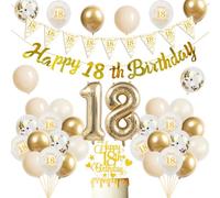 Kit di decorazioni per il 18° compleanno per ragazze, 43 pezzi oro bianco Happy 18th Birthday Banner triangolo bandiera numero 18 palloncini set topper per torta per ragazze felici 18 anni decorazione