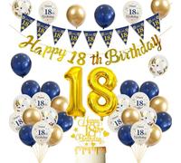 Kit di decorazioni per il 18° compleanno per ragazzi, 43 pezzi, blu oro Happy 18th Birthday Banner triangolo bandiera numero 18 palloncini set topper per torta per ragazzi felici 18 anni decorazione