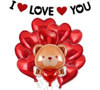 Kit di decorazioni per San Valentino, 10 palloncini in lamina rossa a forma di cuore da 45 cm, palloncino grande per orsacchiotto da 89 cm e 1 striscione I Love You per decorazioni per matrimoni, San