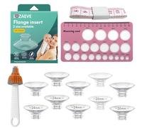 Kit di dimensionamento flangia ad angolo ampio (105 gradi) con 10 inserti flangiati da 24 mm/26 mm per tiralatte indossabile da 27-28 mm, kit di dimensioni flangia in silicone 3 in 1, include righello