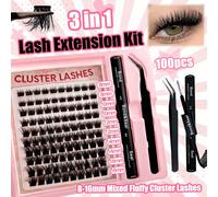 Kit di estensioni ciglie fai-da-te, 100 pezzi, lunghezze miste da 8-16mm, ciglie a grappolo segmentate a forma di punte, con curvatura C, kit di estensioni ciglie con colla e sigillante e applicatore,