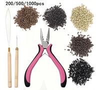 Kit di extension per capelli a micro anelli da 200/500/1000 pezzi, 3 pezzi di pinze per micro anelli, accessori per l'apertura e la rimozione di micro anelli, nano anelli o extension a piume, colore r