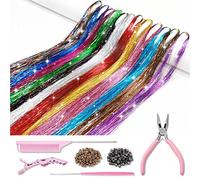 Kit di extension per capelli con strumenti e istruzioni, facile da usare, 12 colori, 2400 ciocche, 122 cm, extension per capelli per donne e ragazze, accessori per capelli scintillanti e scintillanti