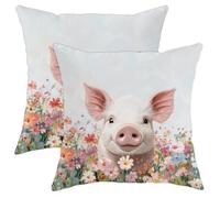 Kit di federe per cuscini a forma di maialino con cerniera, morbidi cuscini traspiranti con fiori e animali dei cartoni animati, set di 2, 18x18, in velluto floreale, decorativi per divano, camera da