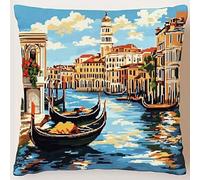 Kit di federe per cuscini ricamate fai da te con motivo a punto croce, 45 x 45 cm, federa decorativa per soggiorno, federa semilavorata per principianti, paesaggio urbano di Venezia