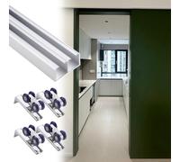 Kit di ferramenta per porta tascabile, montaggio a soffitto con sistema di binari per porta scorrevole bypass, resistente fino a 72,6 kg, chiusura ammortizzata (2,7 m, argento)