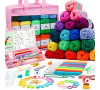 Kit di filati per uncinetto per principianti, adulti e bambini, include matasse acriliche da 1600 m, 30 colori, manuale utente, ganci, borsa rosa, ecc., per realizzare amigurumi e progetti