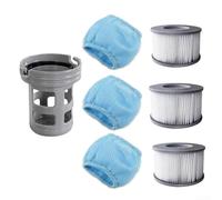 Kit di filtri di ricambio per piscina gonfiabile Mspa, include 3 filtri in PVC, 1 staffa di supporto e 3 sacchetti in rete per una manutenzione regolare