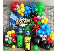 Kit di ghirlanda ad arco di palloncini in lattice rosso, blu, giallo, verde e nero con 2 palloncini foil a forma di stella per decorazioni di feste a tema compleanno, carnevale, videogiochi, supereroi