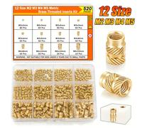 Kit di inserti filettati termosaldabili da 520 pezzi - Dadi zigrinati in ottone M2/M3/M4/M5 per stampa 3D, PLA, ABS, PETG, PP, PPS, termosaldabile per parti in plastica