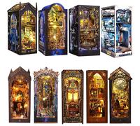 Kit di inserti per scaffali per angolo di libri fai-da-te Puzzle in legno 3D Casa delle bambole Assemblaggio Modello di edificio Fermalibri con mobili Luce a LED Regali di Natale