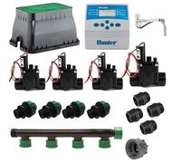 Kit di irrigazione completo 24 V con programmatore elettrico Eco Logic Hunter a 4 stazioni per un sistema di irrigazione preciso ed efficiente. Confezione programmatore irrigazione automatica