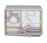 Kit di lusso personalizzato per battesimo - Set de candela, panno e conchiglia ricamati - Scatola di legno lavorata con il nome e la data di battesimo - Modello Bambula (Rosa cipria)