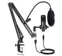 Kit di microfono a condensatore USB, 192 khz/24 bit professionale per computer cardioide con braccio regolabile a forbice, supporto per scosse e manopola di guadagno per registrazione, per podcasting, giochi, YouTube (nero)