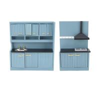 Kit di mobili da cucina per casa delle bambole, set di mobili in miniatura in legno per casa delle bambole in scala 1:12, set di armadietti in betulla blu scuro con lavello,