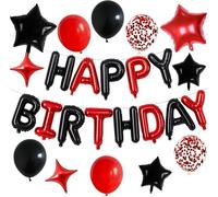 Kit di palloncini con scritta "Happy Birthday", rosso e nero, set di 30 palloncini a forma di lettera con stelle, punti e lamina in Mylar per decorazione da parete o soffitto, include nastro adesivo