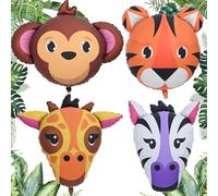 Kit di palloncini grandi a forma di animali safari (58-86 cm), 4 palloncini colorati in lamina di tigre, giraffa, zebra, testa di scimmia, per bambini, ragazzi, giungla, safari, selvaggio, compleanno
