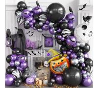 Kit di palloncini per Halloween con teschio e ghirlanda, palloncini in argento viola e nero, palloncini in agata marmorizzata, zucca, teschio, a righe, palloncini in lamina 3D, adesivi per Halloween
