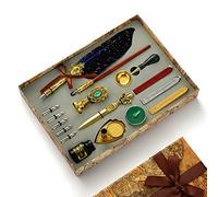 Kit di Penna a Immersione e Inchiostro, JasCherry Penna Piuma Vintage con Sigillo di Cera, Inchiostro e 5 Pennini di Ricambio, Penne per Calligrafia per Firma, Diario, Scrittura e Disegno