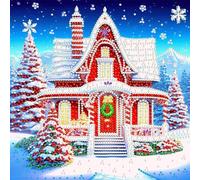 Kit di Pittura con Diamanti 5D Albero di Natale con Casa di Neve, 30x30 CM Arte Gioiello Fai-da-te per Decorazioni Murali Casa Ufficio, Drill Parziale Forma Speciale, Dipinti con Strass