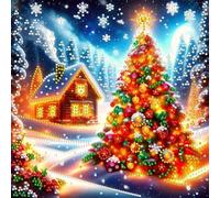 Kit di Pittura con Diamanti 5D Albero di Natale con Casa di Neve, 30x30 CM Arte Gioiello Fai-da-te per Decorazioni Murali Casa Ufficio, Drill Parziale Forma Speciale, Dipinti con Strass