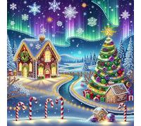 Kit di Pittura con Diamanti 5D Albero di Natale con Casa di Neve, 30x30 CM Arte Gioiello Fai-da-te per Decorazioni Murali Casa Ufficio, Drill Parziale Forma Speciale, Dipinti con Strass