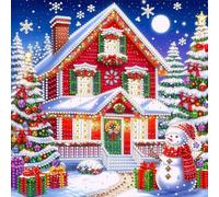 Kit di Pittura con Diamanti 5D Albero di Natale con Casa di Neve, 30x30 CM Arte Gioiello Fai-da-te per Decorazioni Murali Casa Ufficio, Drill Parziale Forma Speciale, Dipinti con Strass