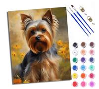 Kit di pittura con i numeri per adulti Kit di pittura per principianti su simboli trasparenti Tela colorata Yorkshire Terrier nei fiori Facile fai da te Pigmento acrilico Disegno Vernice per la