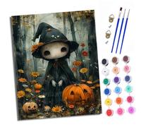 Kit di pittura con i numeri per adulti Kit di pittura per principianti su simboli trasparenti Tela colorata Zucca e la piccola strega nella foresta Pigmento acrilico Disegno Vernice per la decorazione