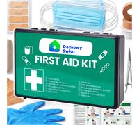 Kit di Pronto Soccorso per Auto DIN 13164:2022 in Scatola di Plastica Nera, Set Completo di Primo Soccorso con Bende, Medicazioni, 2 Mascherine, 4 Guanti Monouso, Kit Compatto per Auto, Casa, Ufficio,
