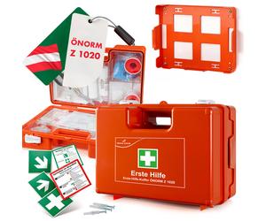 Kit di pronto soccorso secondo la norma austriaca Ö-Norm Z1020:2025, cassetta di pronto soccorso aziendale incl. supporto a parete, kit sanitario 66 pezzi, cassetta di pronto soccorso per aziende e ca